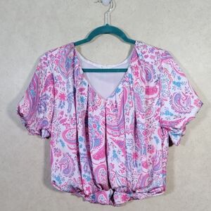 12532 Entro Pink, Lavender & Turquoise balloon sleeve and hem cropped top M